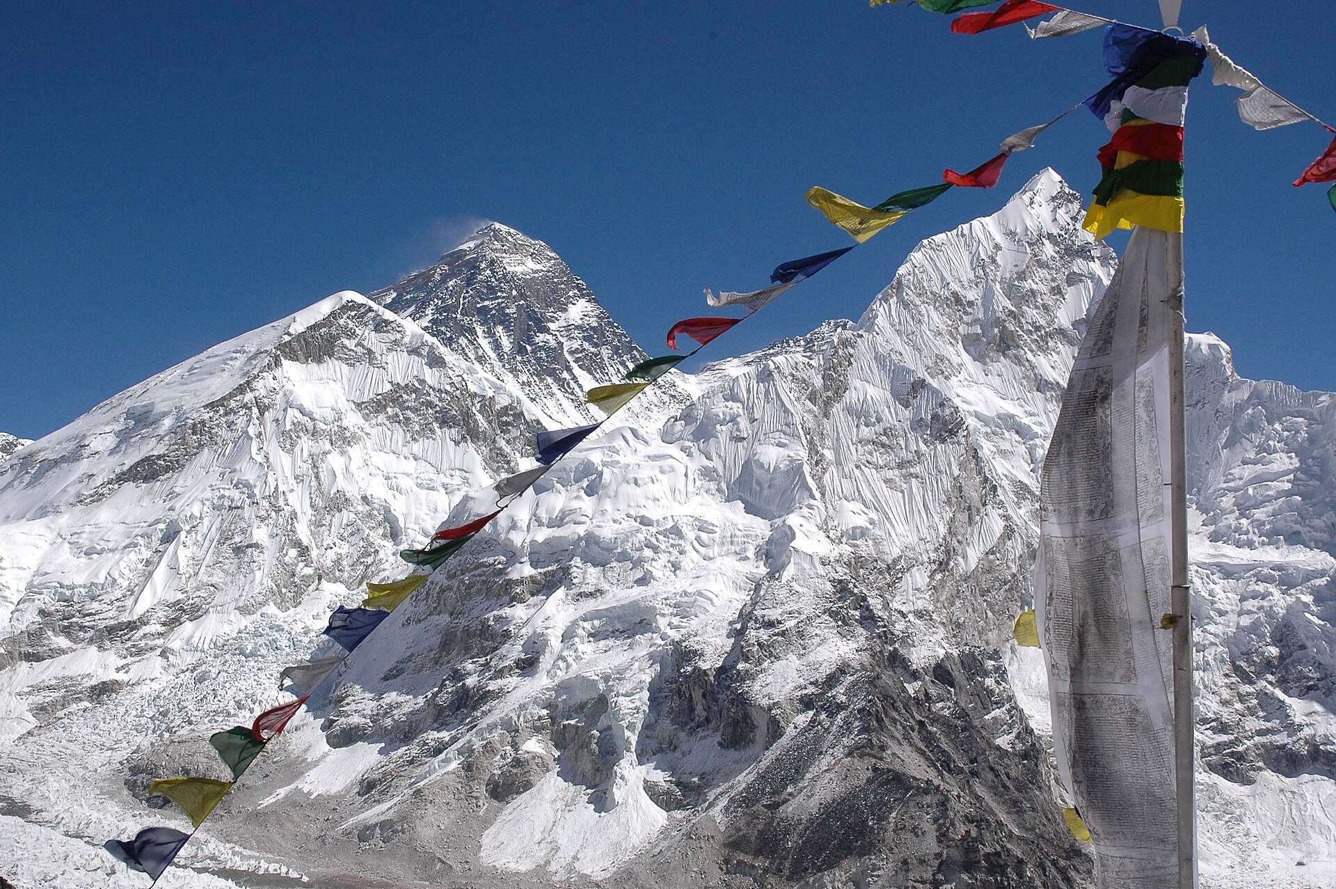 Everest and Nuptse range with prayer flags seen from Kala Patthar